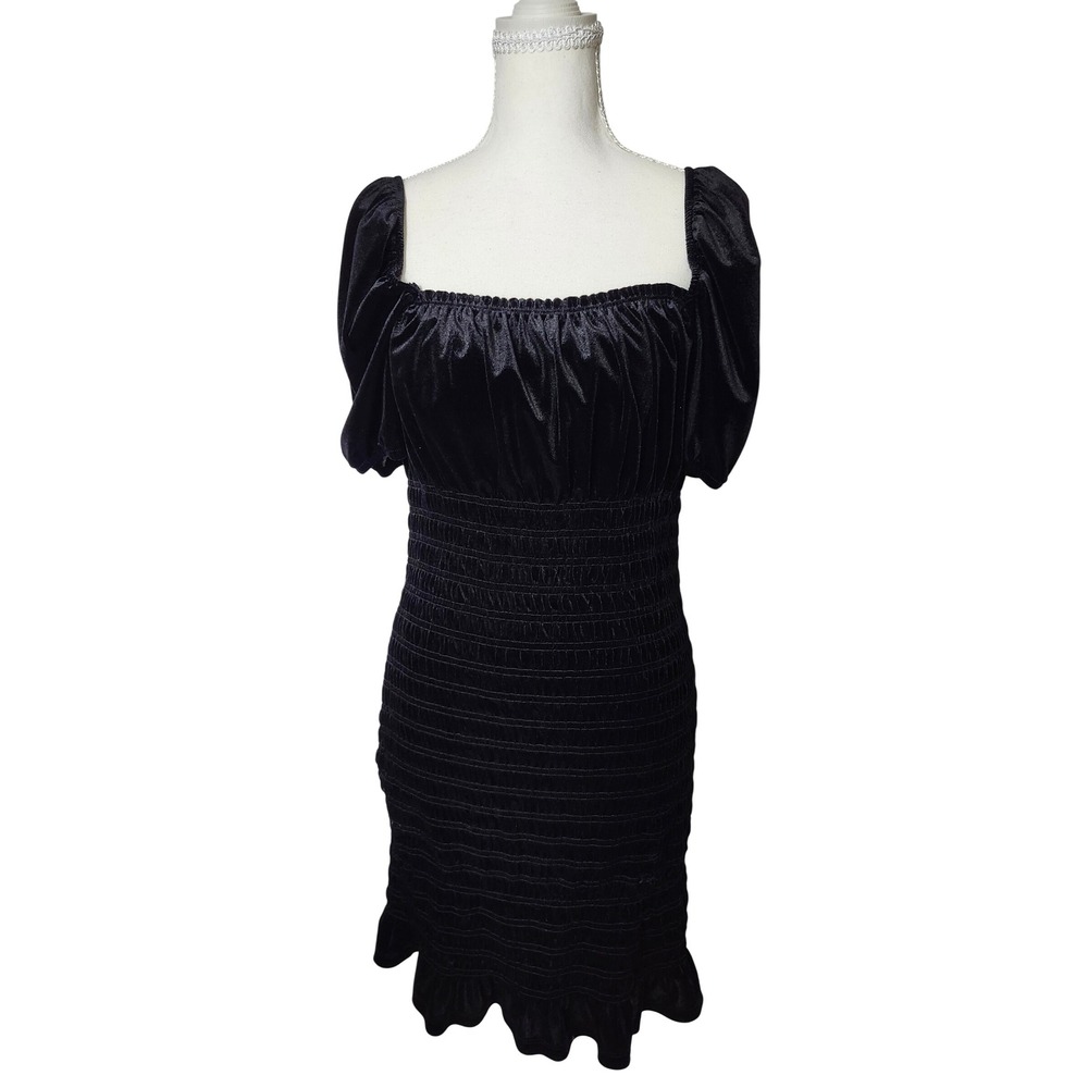 H&M Divided Black Velour Velvet Smocked Mini Dress Puff Sleeve Y2K Large